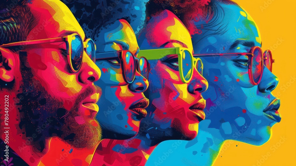 A vivid artwork featuring a row of profile portraits in bold colors with stylish glasses, showcasing individuality and fashion in urban culture.
