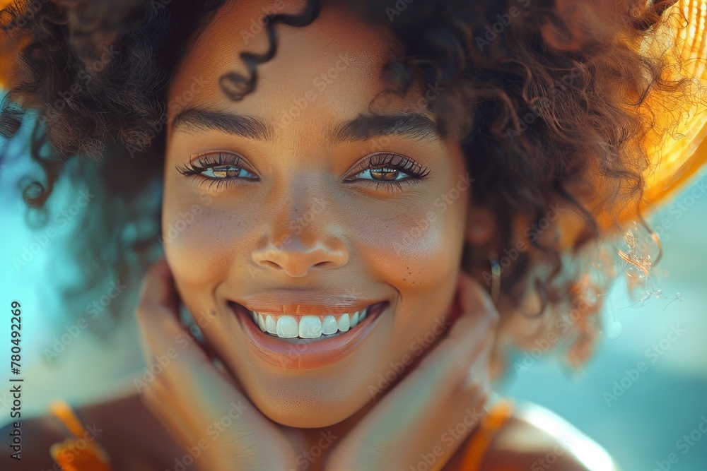 Curlyhaired woman smiling, hands on face, showing teeth, happy expression