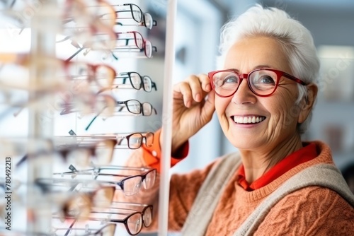 Senior elegant lady with glad chooses glasses for vision to see in store optics. Old lady chooses glasses to see well with smile standing in optics store. Optics store helps people of different ages.