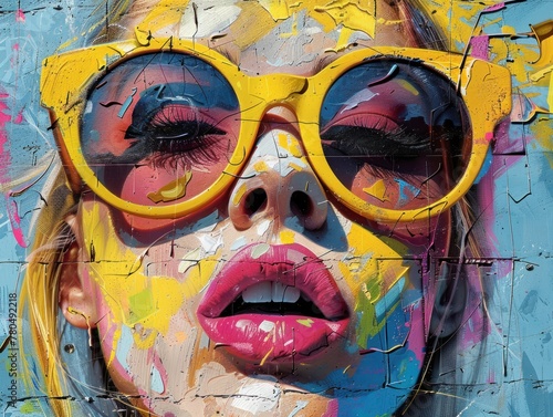 Street art portrait of a woman's face with yellow sunglasses, featuring a mix of vibrant colors and expressive brush strokes.
