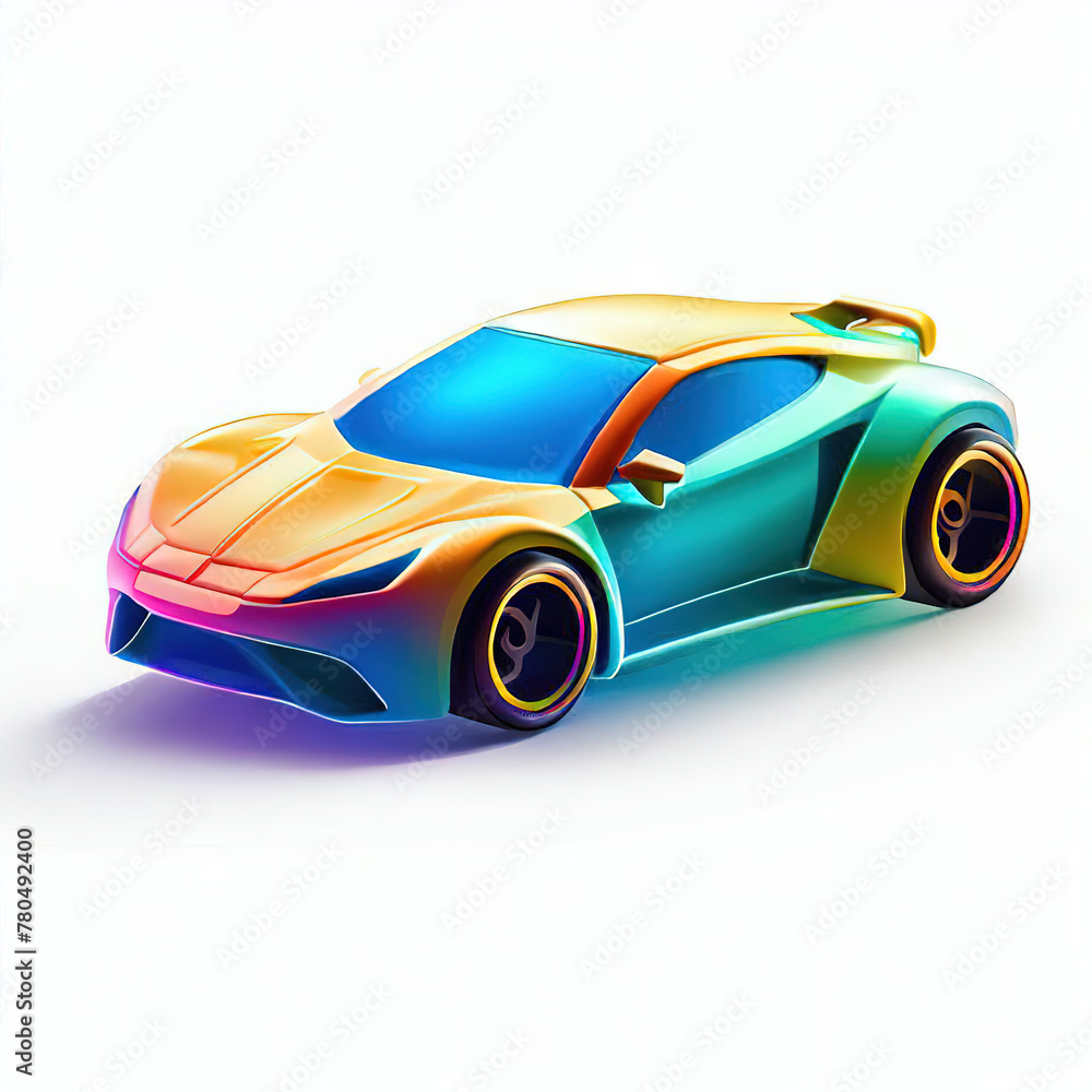 Naklejka premium a classic sport car with bright colors on a white background. shiny automobile with rainbow colors. 3d illustration made with generative AI technology 