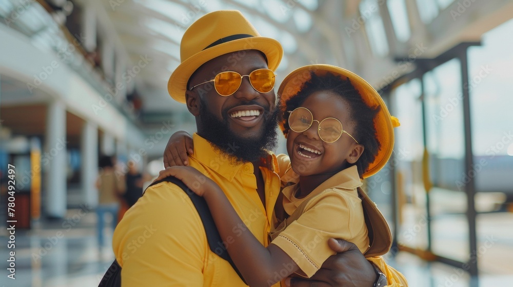 A man and a little girl in yellow hats smiling, AI
