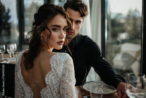 Intimate couple in a romantic restaurant. An elegant couple sharing a close moment in a romantic restaurant setting photo