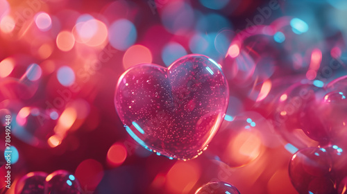 Glowing heart-shaped bubble amidst a flurry of colorful bokeh.