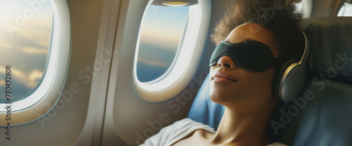 Lifestyle portrait of black woman passenger on airplane flight, sleeping and sitting in window seat, listening to headphones and wearing silk eye mask photo