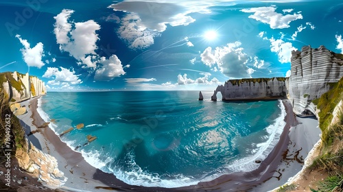 Surreal Seascape in Panoramic View, Vivid Blues Dominating the Scene. An Artistic Digital Creation for Backgrounds and Wallpapers. Tranquil and Dreamy Atmosphere. AI © Irina Ukrainets
