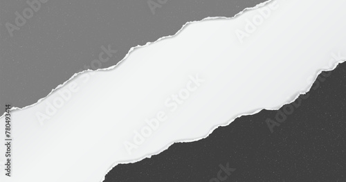 Black and grey dusty torn paper strips with soft shadow are on white background for text or ad.