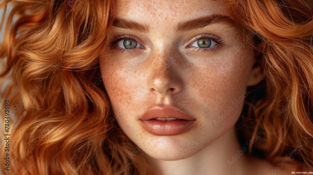 Naklejka premium A close up of a woman with red hair and freckles, AI