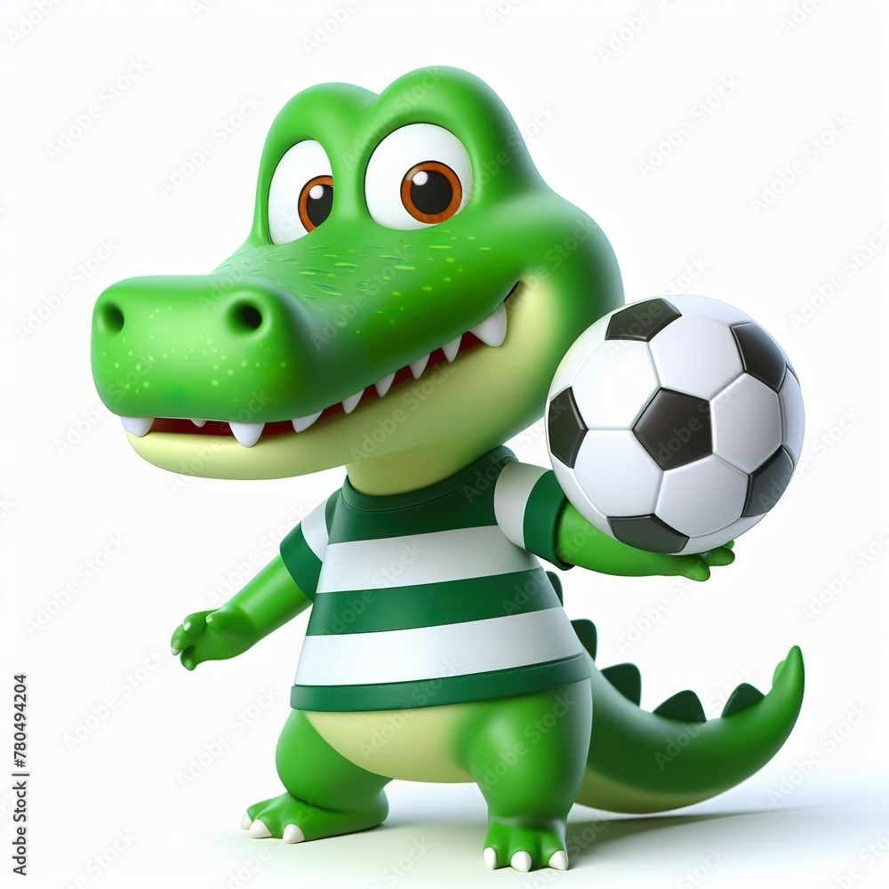 Obraz premium Cute character 3D image of a crocodile with simple football clothes playing a ball, funny, happy, smile, white background