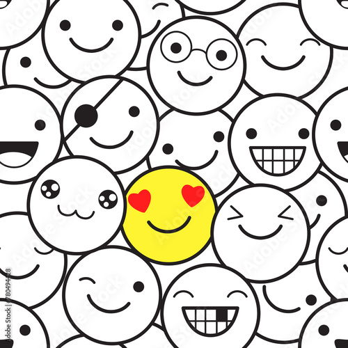 Vector seamless pattern with many monochrome and one yellow emoticon. Emoji faces in different expression. Endless texture can be used for textile pattern fills, t-shirt design, web page background