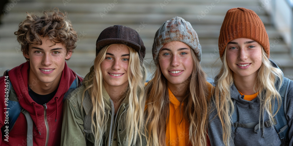 A cheerful group of friends enjoy each other's company outdoors, radiating happiness and style.