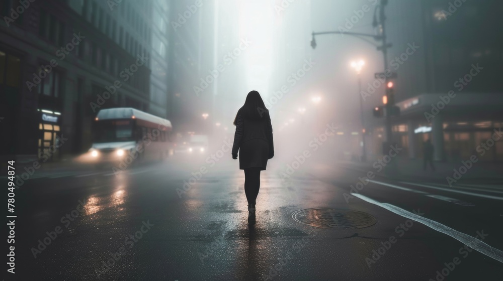 Obraz premium Woman Walking Down Rainy City Street