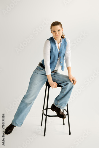 Woman sitting on a high chair with her leg stretched to the side