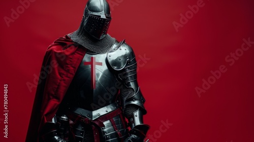 Teutonic Knight in red cape and armor stands as a crusader symbol of medieval history photo
