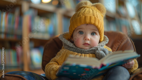 little child reading a book, baby learning concept