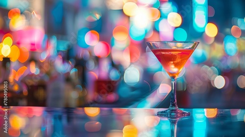 Cocktail on Table by Bar Counter on colorful bokeh background