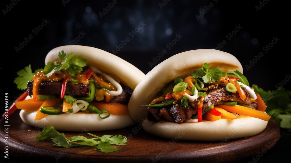Asian-style steamed buns with pork belly and vegetables on a wooden board. Asian-style steamed buns with pork belly and vegetables on a wooden board.