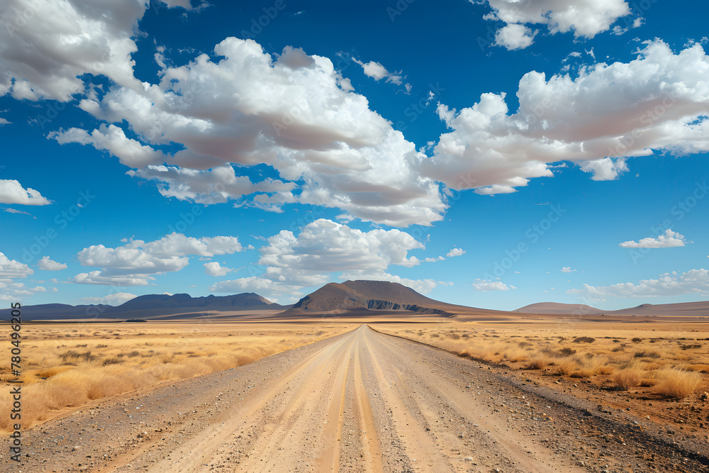 Fototapeta premium a dirt road in the middle of a desert with a mountain in the distance and a blue sky with puffy white clouds in the middle of the top of the picture.