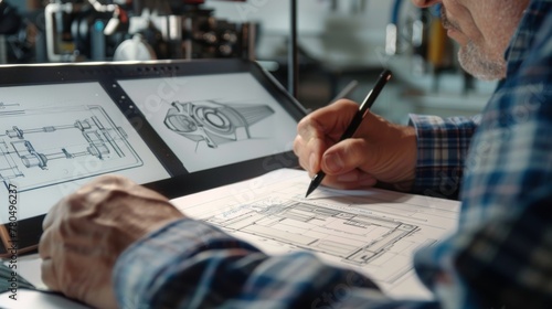 A mature engineer digitally designing mechanical parts on a tablet with a stylus pen. photo