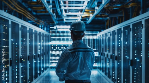 An engineer in a data center analyzing the server racks, reflecting advanced technology and network maintenance.