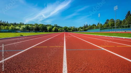 Outdoor athletics track and field with running lanes in a sports stadium