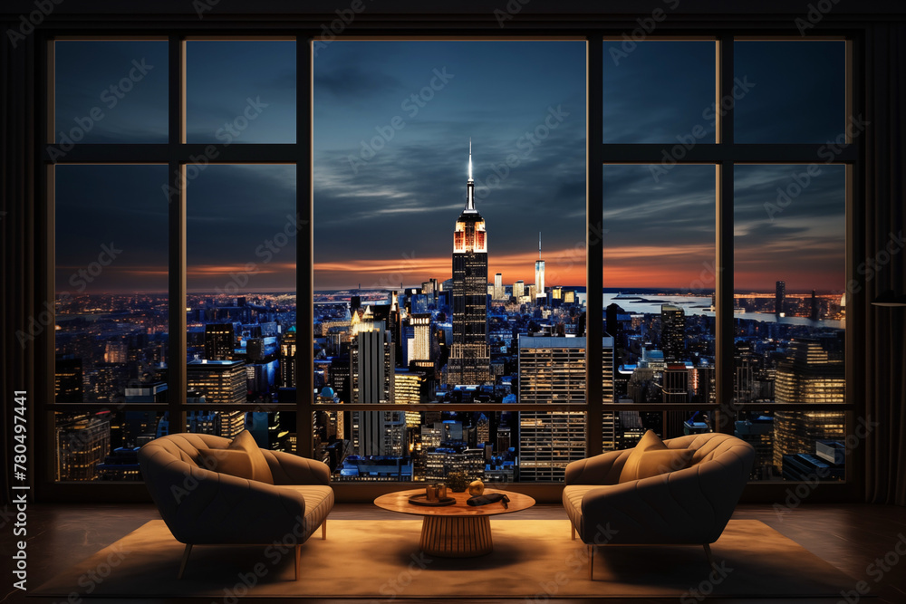 Picture of Luxury lounge in apartment with a large window and view on New York ...