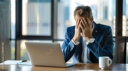 Stressed Businessman Facing Deadline in Office. Overwhelmed with Work, Experiencing Burnout. Casual Corporate Style. Perfect for Work-Life Balance Themes. AI