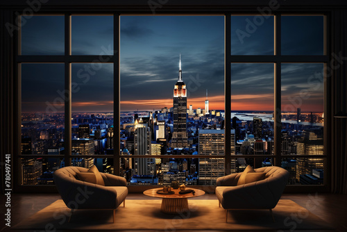 Luxury lounge in apartment with a large window and view on New York skyline and the Empire State building at night, high-rise real estate property photo
