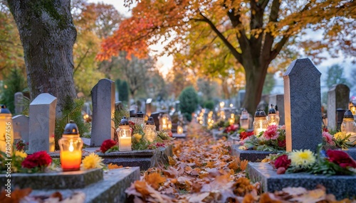 All Saints Day: Cemetery in November. Wszystkich Świętych. 