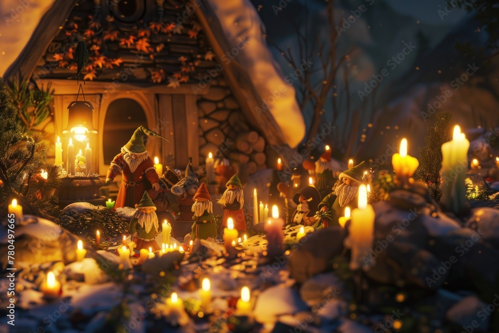 A group of gnomes are gathered together in a festive scene A group of gnomes are gathered together in a festive scene