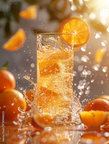 Glass of orange juice with slice of orange, water splashes and slices on oranges on background. Warm sunny image. Summer vibe