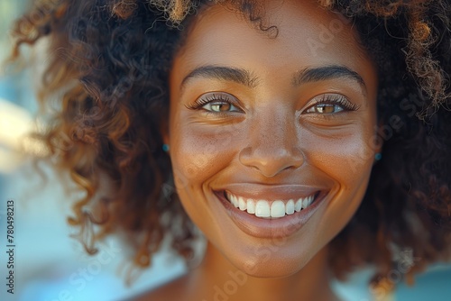 a close up of a woman with curly hair smiling