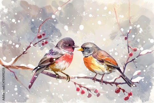 two bird sitting on a branch with snow on a background