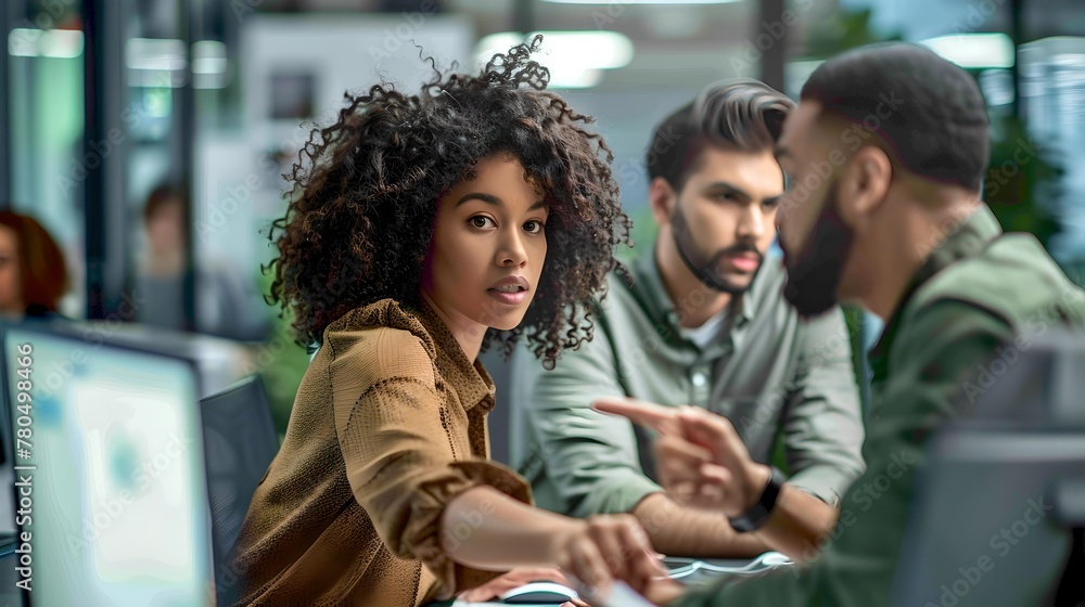 Obraz premium Professional Team Engaged in a Discussion at Modern Office. Diverse Coworkers Talking over Work. Focus on Confident Woman. Business and Teamwork Concept. AI