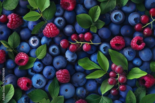 blueberry raspberries and cranberries with green leaves