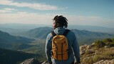 Young positive African American man with a tourist backpack stands on top of a rock in the mountains, travels and enjoys a beautiful view of the mountains, sky or nature. Untouched nature. Tourism