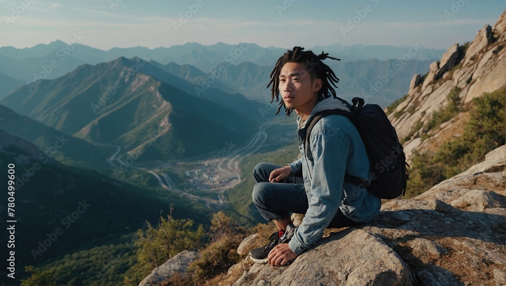 Naklejka premium A young happy Chinese man with a tourist backpack stands on top of a rock in the mountains, travels and enjoys a beautiful view of the mountains, sky or nature. Untouched nature. Tourism.