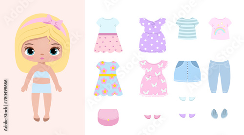 Paper doll clothes. Baby doll with dress. Cute girl clothes. Vector illustration isolated on white background. Clothes set, collection. Dress up, cutouts, game, play, toy for children.. Stickers  photo