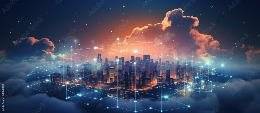 Cloud computing platforms receive data through storage technology concepts, presented as a digital glowing polygonal cloud mesh over a blurred city sky background, with a double exposure effect.
