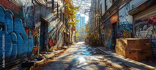 Urban Echoes: A Surreal Symphony of Abandoned Stories - Capturing the Poignant Stillness of an Empty Alley, Awash in Graffiti and Shadows, Lit Only by the Flickering Embrace of a Lonely Streetlamp photo
