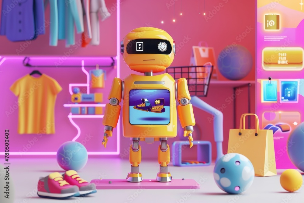 Yellow robot standing outside toy store with various items displayed in the window Yellow robot standing outside toy store with various items displayed in the window