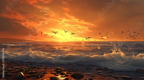 Dynamic Beach Sunset with Ocean Fury./n