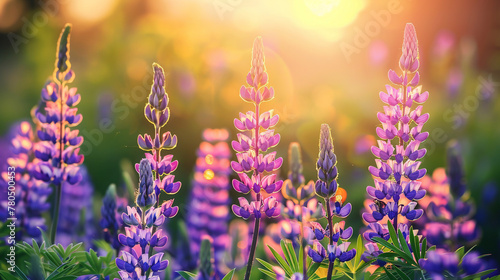 Blooming purple lupins in the garden in sunset light. photo