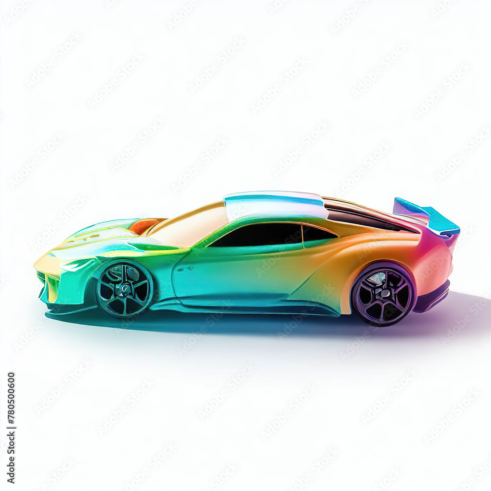 Naklejka premium a classic sport car with bright colors on a white background. shiny automobile with rainbow colors. 3d illustration made with generative AI technology 