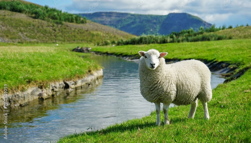 Fototapeta premium Psalm 23: The Lord is My Shepherd. The White Sheep In Green Pastures Besides The Still Waters.
