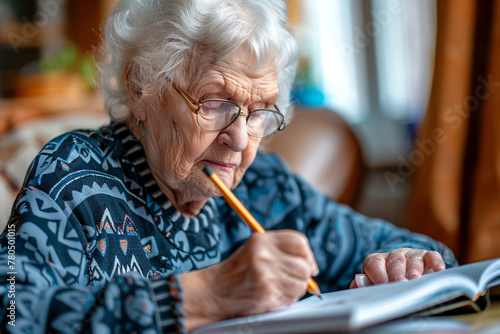 Elderly mature woman with grey hair and in glasses studying with a pen in her hand at home.