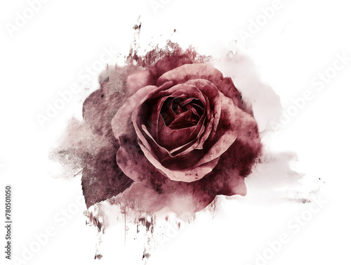 A rose is painted in a watercolor style with a pinkish hue