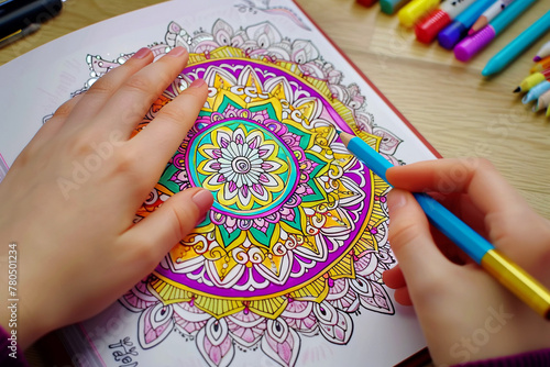 A woman's hand holds a pencil and paints a mandala in anti-stress coloring. Mental health concept.