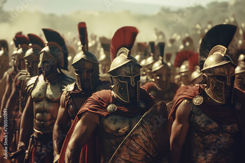 Spartan hoplites in a post-apocalyptic wasteland, their phalanx formation an unbreakable shield agai photo
