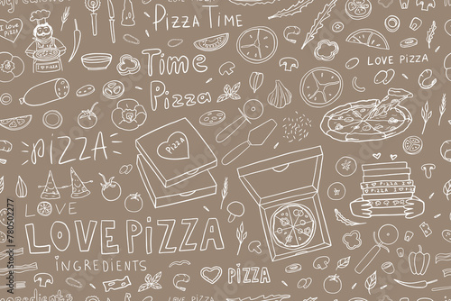 Seamless pattern of pizza, Italian cuisine, pizza ingredients, slice of pizza, pizza box. I love pizza. Doodle style. Hand drawn. Great for menu design, banners, sites, packaging